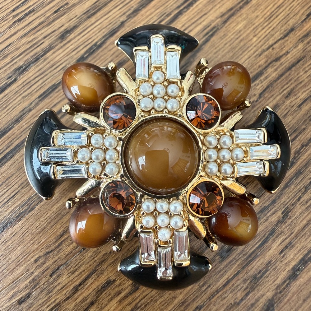 Kenneth Jay Lane Gold-Tone Brooch with Brown, Black & Pearl Accents